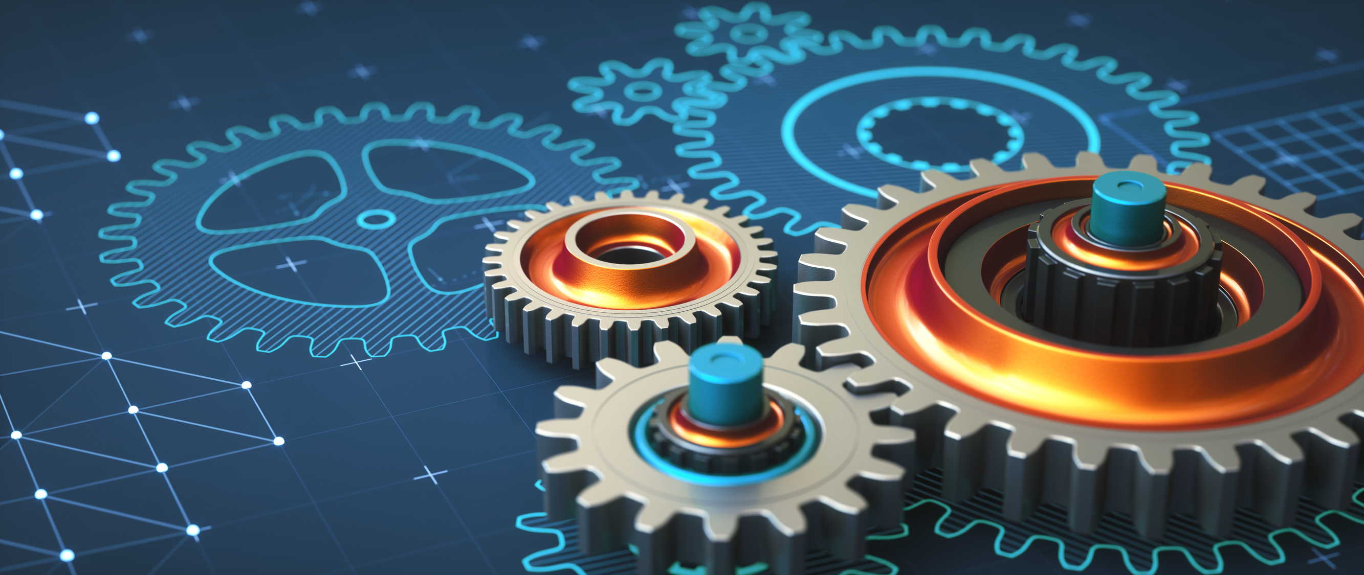 Surface level close up on an abstract engineering blueprint drawing of blue striped gear mechanism, with shiny metallic gears in the foreground